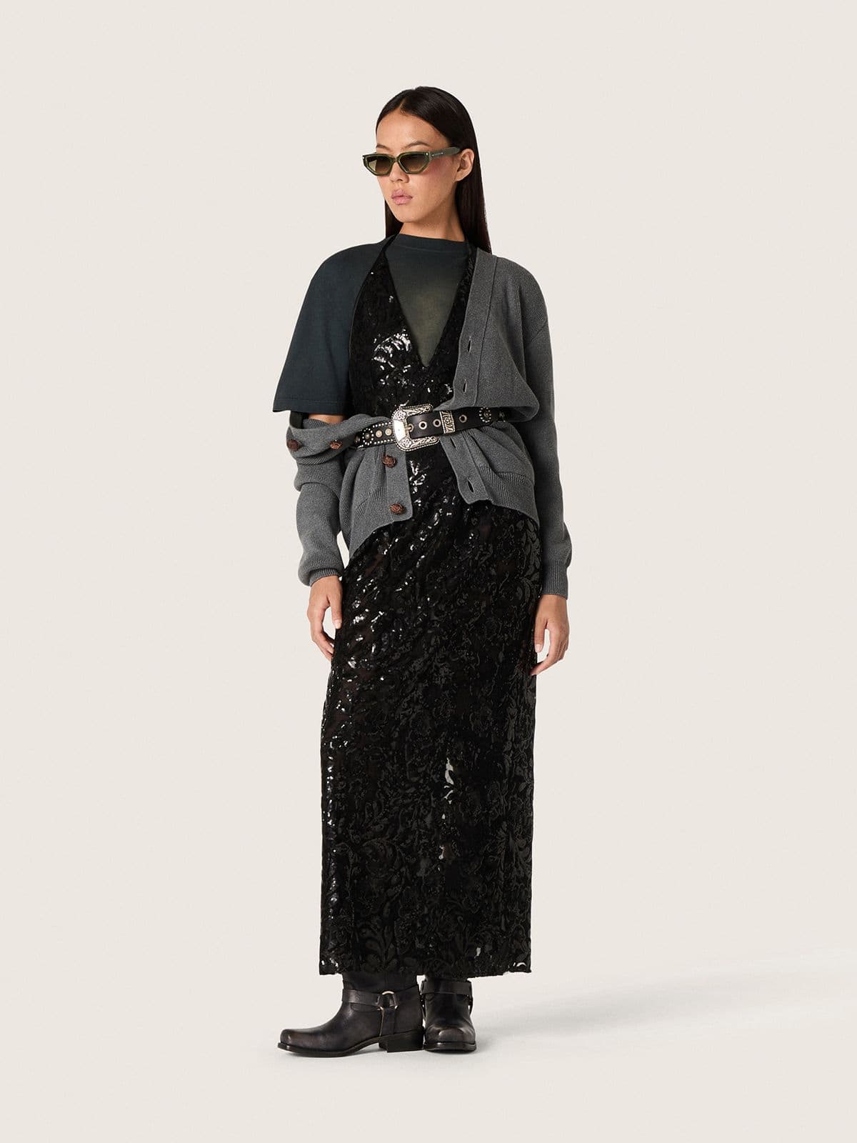 Golden Goose - Women's long dress in tulle with floral embroidery in black sequins in 