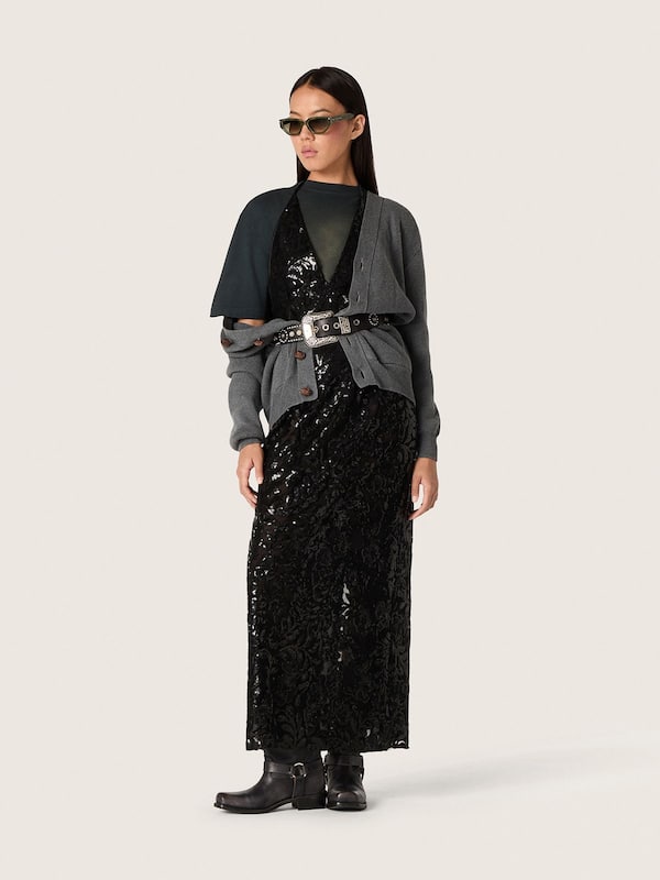 Golden Goose - Women's long dress in tulle with floral embroidery in black sequins in 