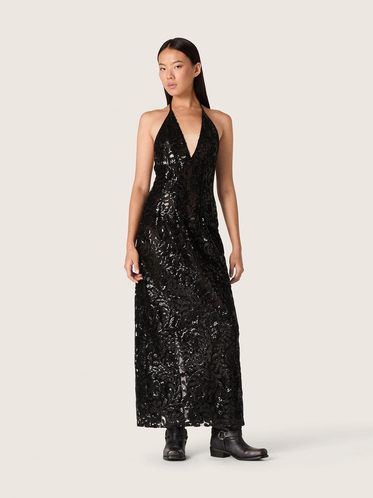Golden Goose - Women's long dress in tulle with floral embroidery in black sequins in 
