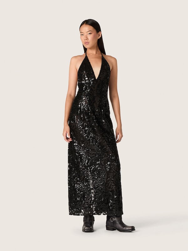 Golden Goose - Women's long dress in tulle with floral embroidery in black sequins in 