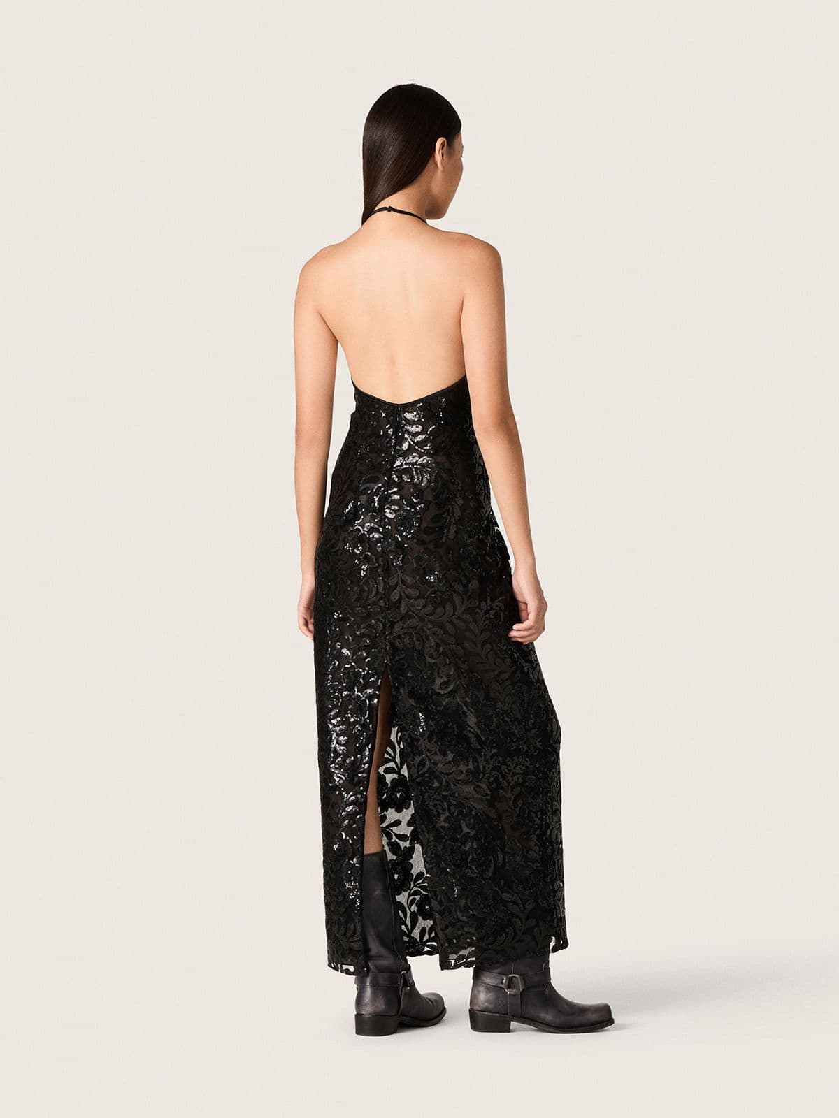 Golden Goose - Women's long dress in tulle with floral embroidery in black sequins in 