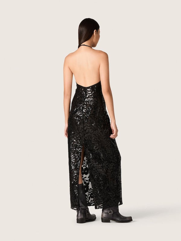 Golden Goose - Women's long dress in tulle with floral embroidery in black sequins in 