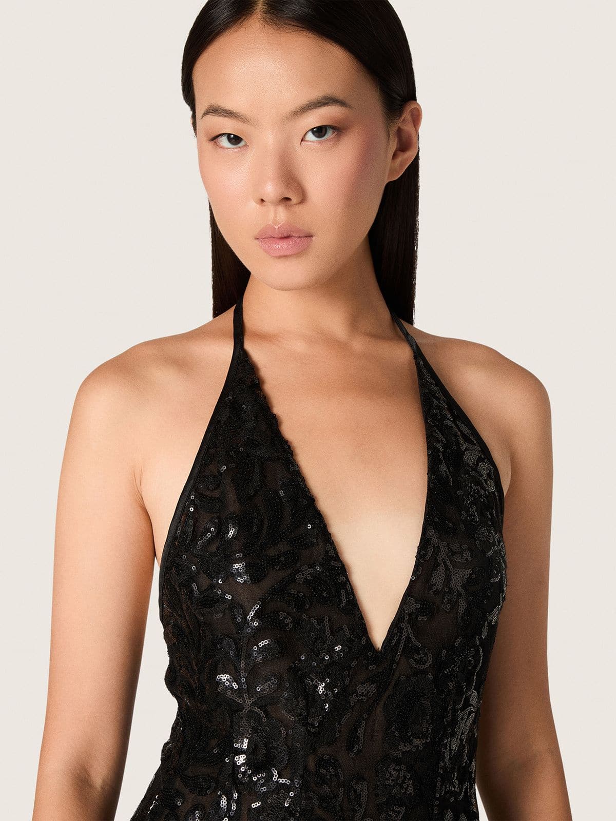 Golden Goose - Women's long dress in tulle with floral embroidery in black sequins in 