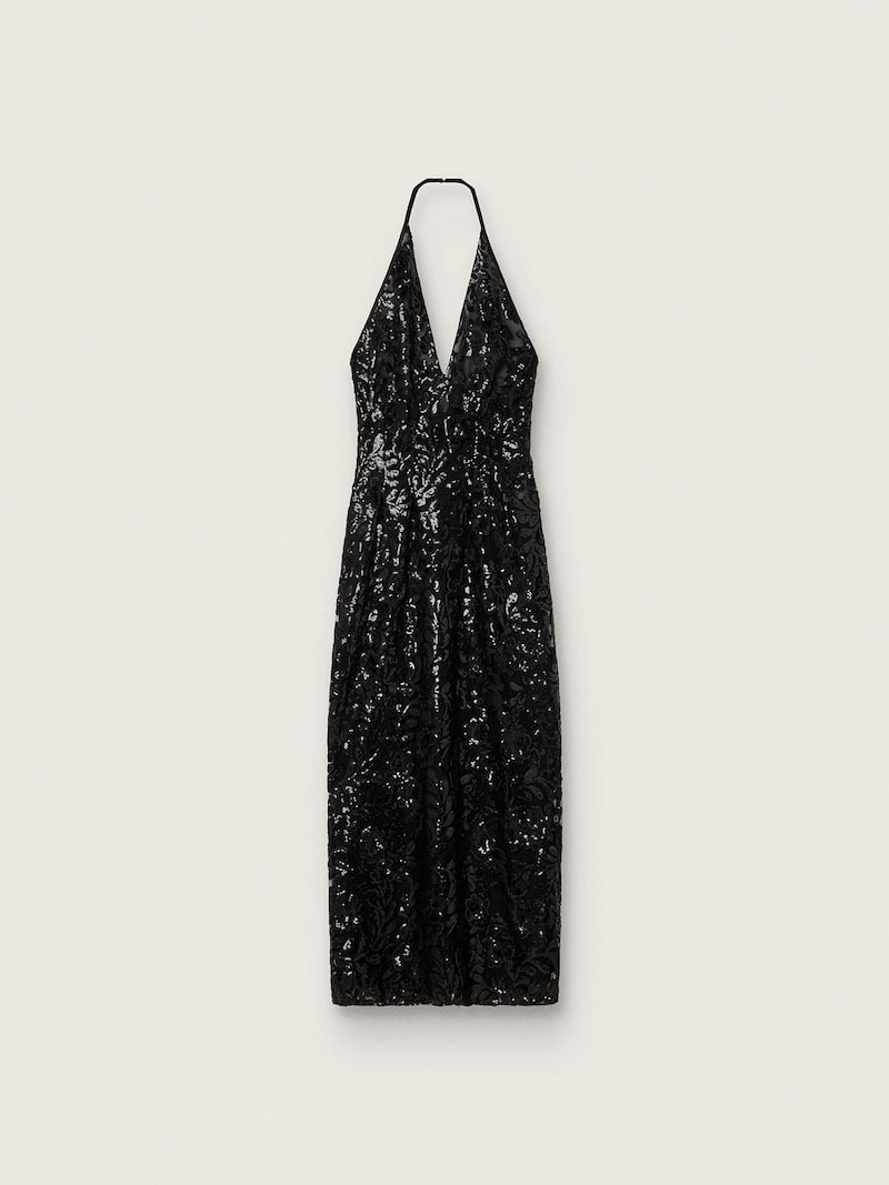 Women's long dress in tulle with floral embroidery in black sequins