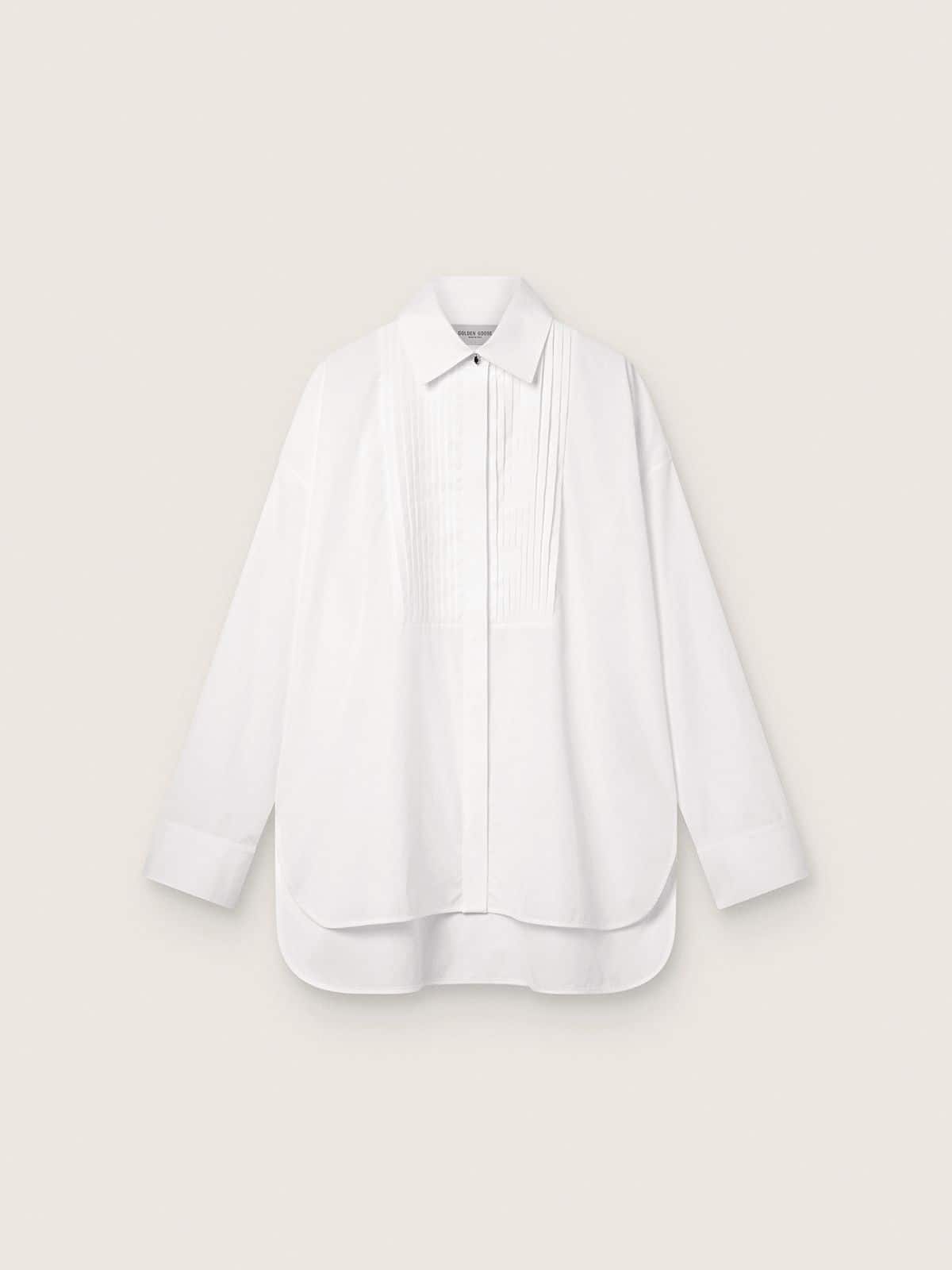 Golden Goose - Women's oversized shirt in white cotton with pleated detail and jewel buttons in 