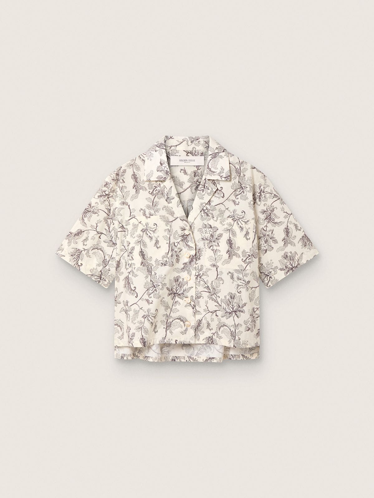 Golden Goose - Camicia boxy da Donna in cotone con stampa floreale bianca e nera in 