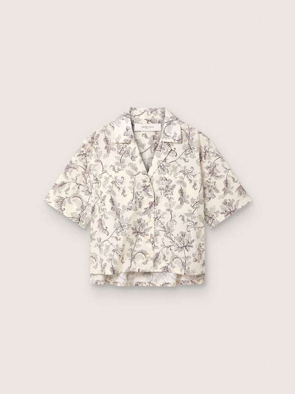 Golden Goose - Camicia boxy da Donna in cotone con stampa floreale bianca e nera in 