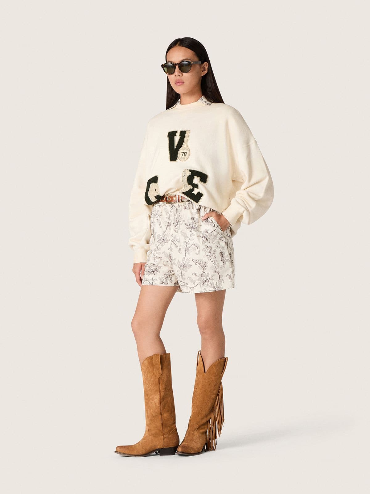 Golden Goose - Shorts da Donna in popeline di cotone bianco e nero con stampa floreale in 