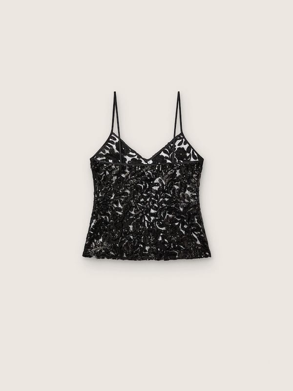 Golden Goose - Women's top in black tulle with floral pattern in black sequins in 