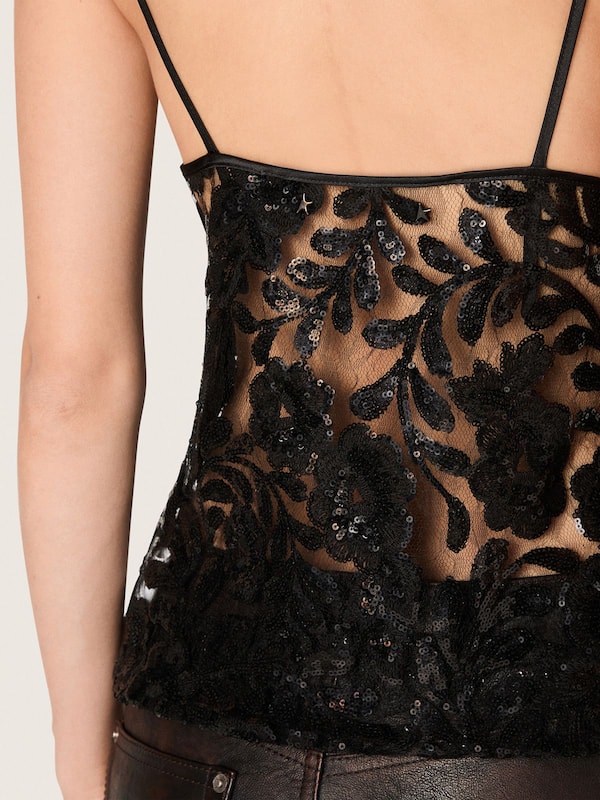 Golden Goose - Women's top in black tulle with floral pattern in black sequins in 