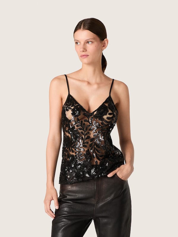 Golden Goose - Women's top in black tulle with floral pattern in black sequins in 