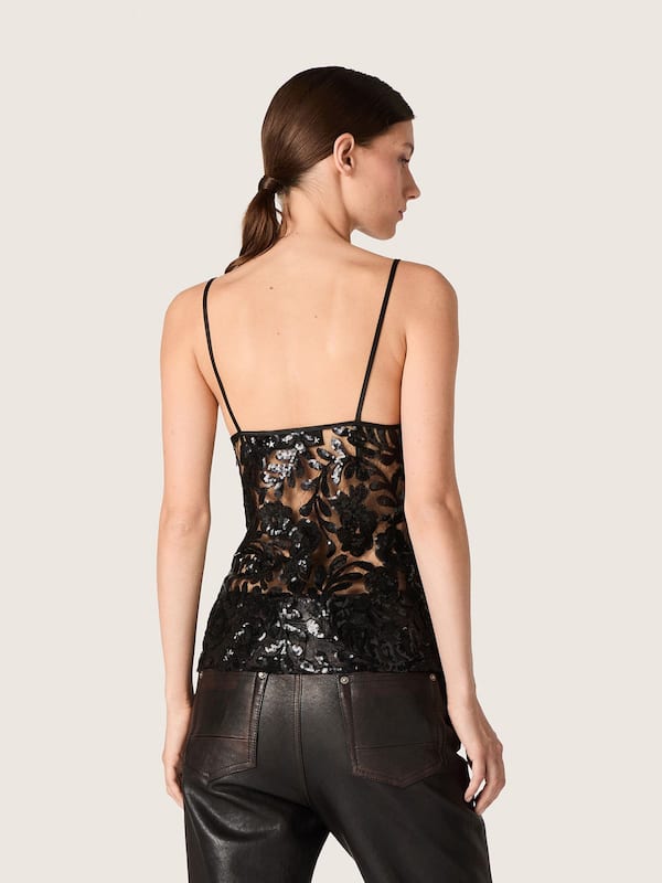 Golden Goose - Women's top in black tulle with floral pattern in black sequins in 