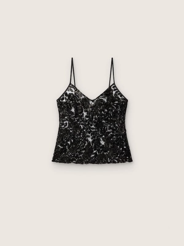 Golden Goose - Women's top in black tulle with floral pattern in black sequins in 