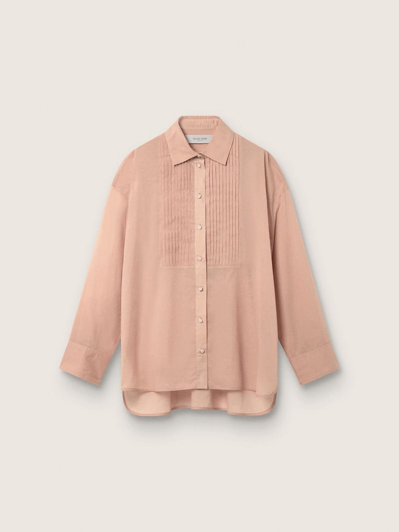 Oversize-Damenhemd aus korallenrotem Baumwollvoile mit Plisseedetail