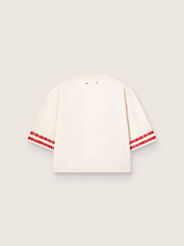 T-shirt cropped da donna in cotone bianco con stampa e ricamo