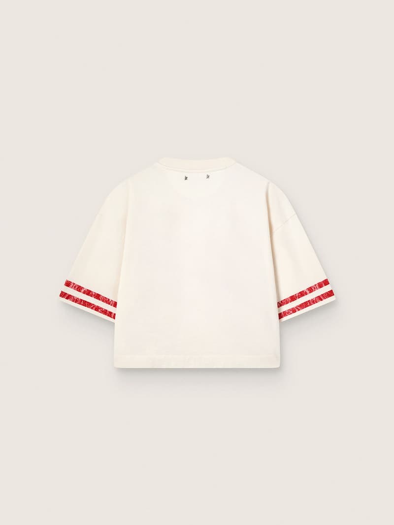 Golden Goose - Damen-T-Shirt in Cropped-L&auml;nge aus wei&szlig;er Baumwolle mit Print und Stickerei in 