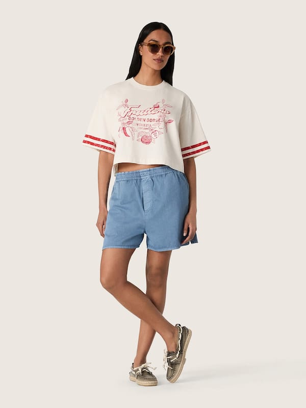 T-shirt cropped da donna in cotone bianco con stampa e ricamo