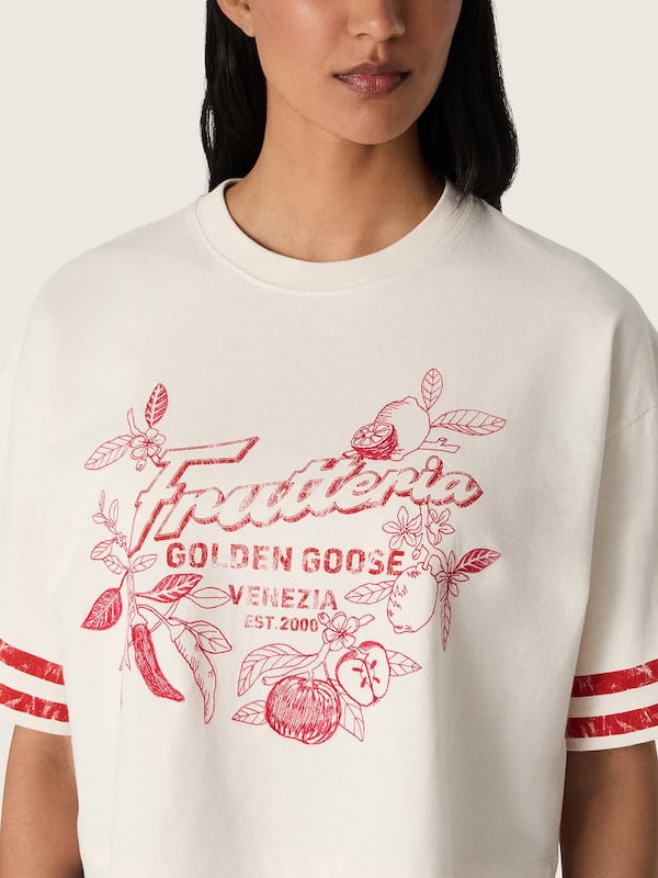 Golden Goose - Camiseta cropped de mujer de algod&oacute;n blanco con estampado y bordado in 