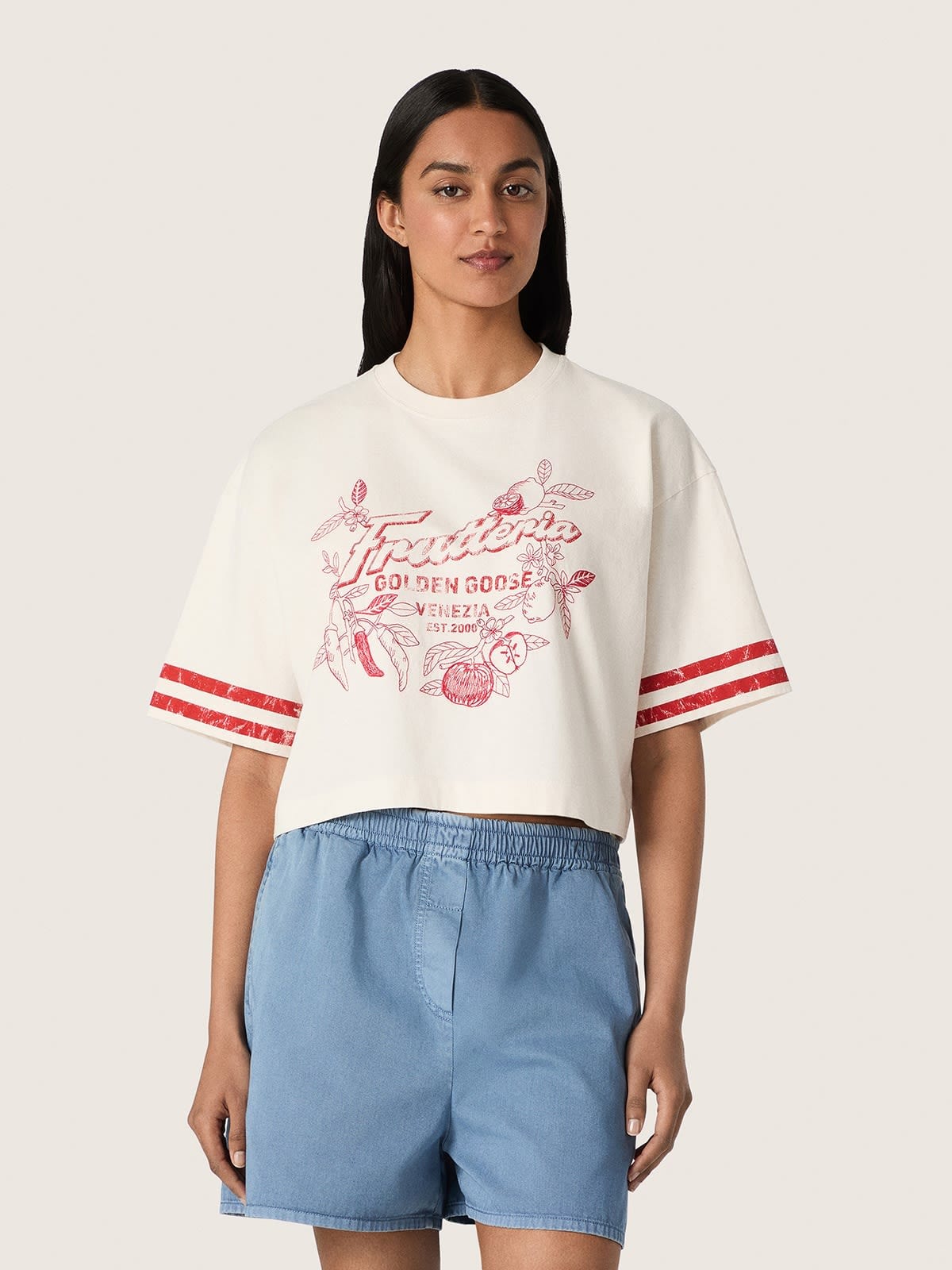 Golden Goose - Camiseta cropped de mujer de algod&oacute;n blanco con estampado y bordado in 