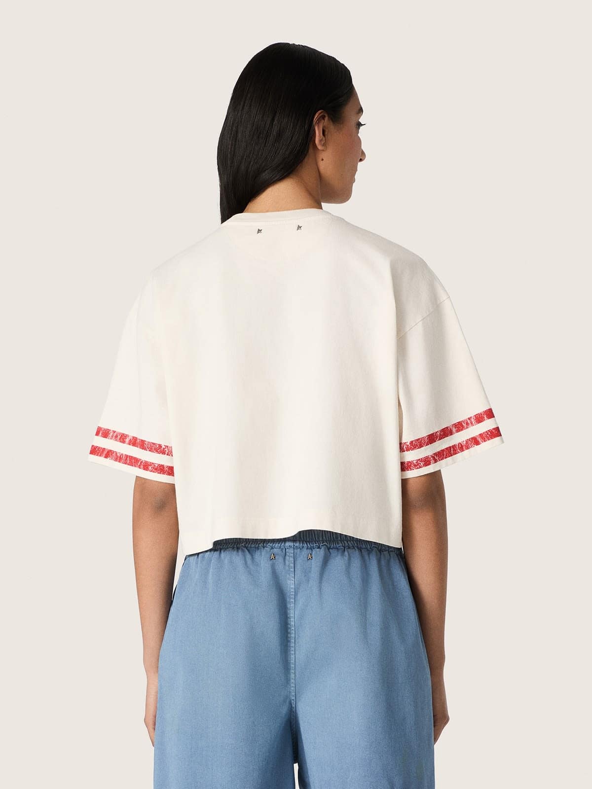 Golden Goose - Camiseta cropped de mujer de algod&oacute;n blanco con estampado y bordado in 