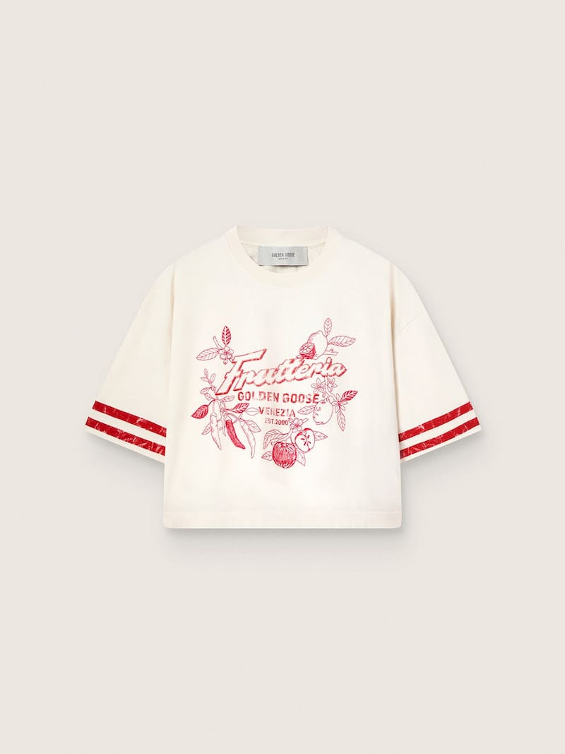 Camiseta cropped de mujer de algod&oacute;n blanco con estampado y bordado