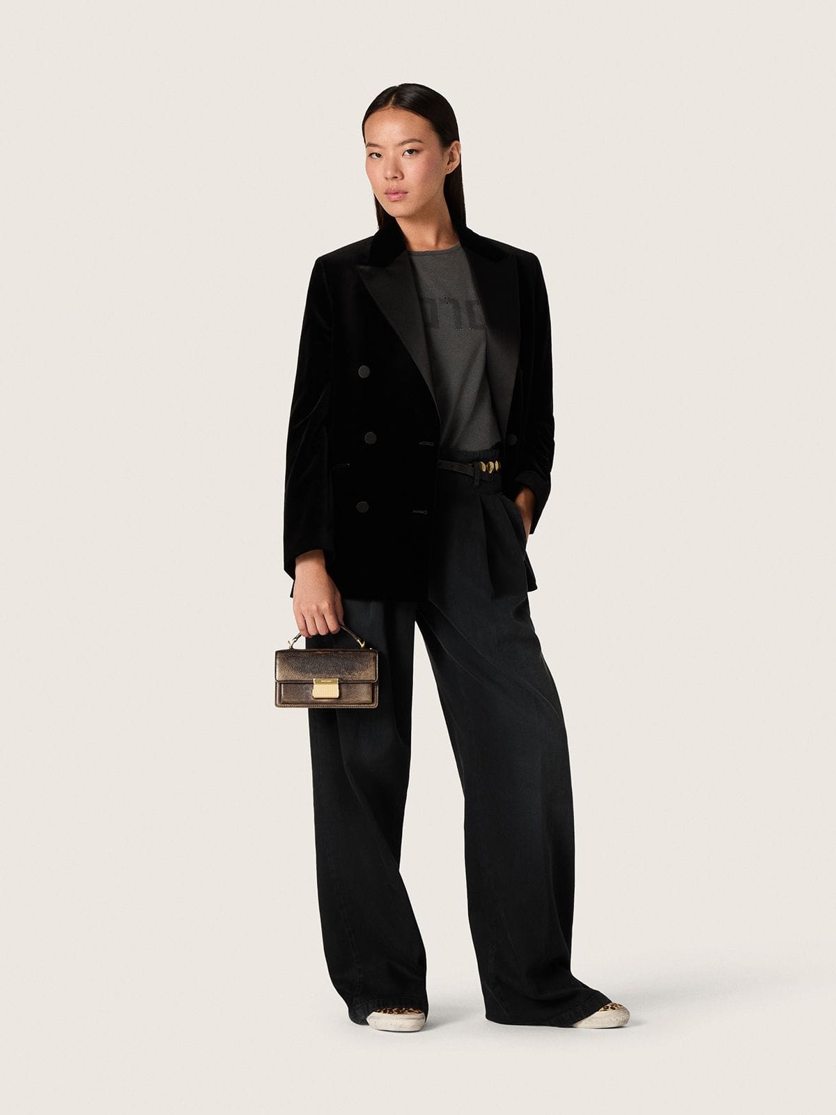 Golden Goose - Women's double-breasted jacket in black velvet with black satin lapels in 