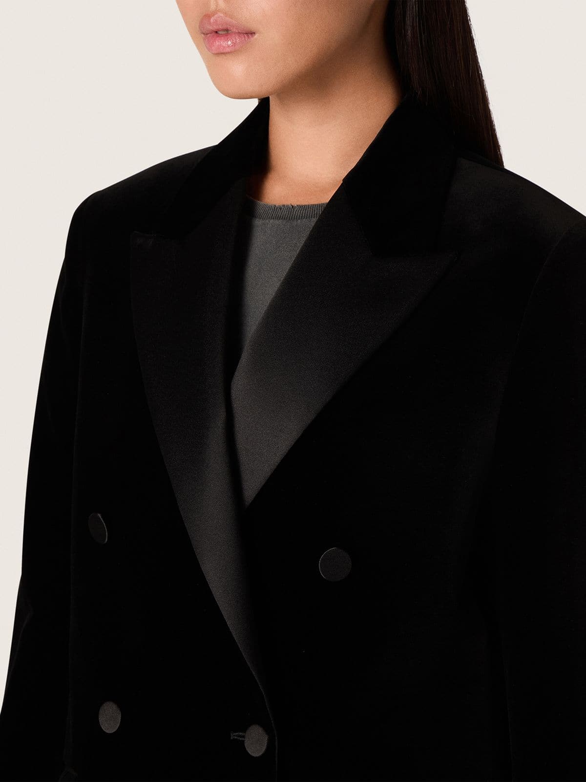 Golden Goose - Women's double-breasted jacket in black velvet with black satin lapels in 