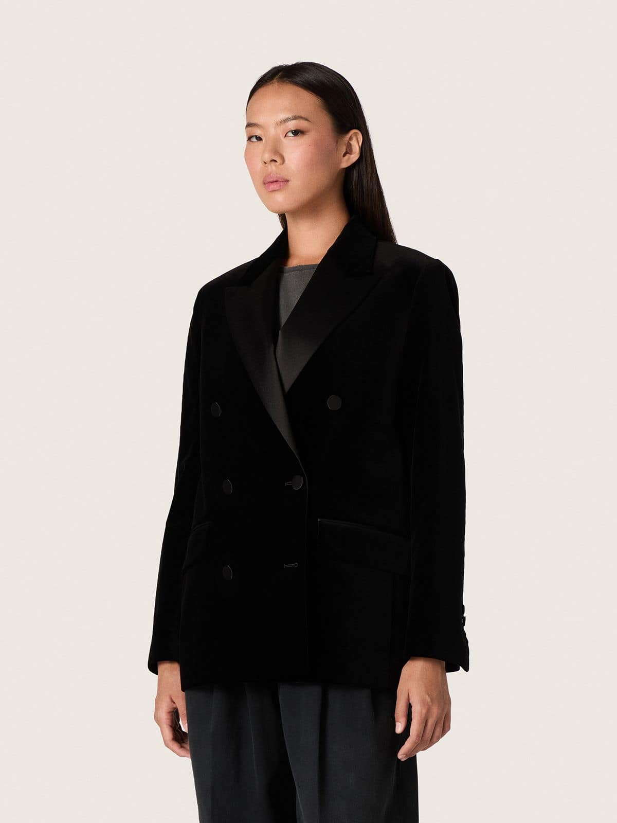 Golden Goose - Women's double-breasted jacket in black velvet with black satin lapels in 