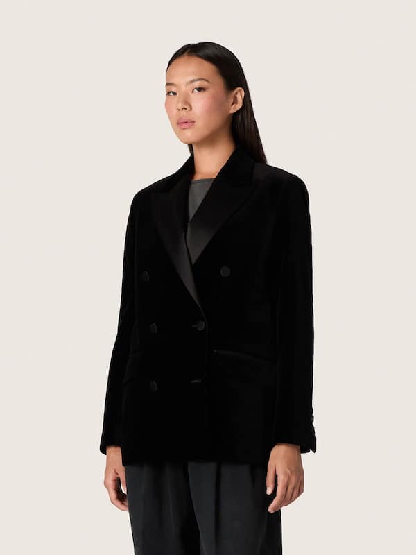 Golden Goose - Zweireihige Damenjacke aus schwarzem Samt mit schwarzem Satinrevers in 