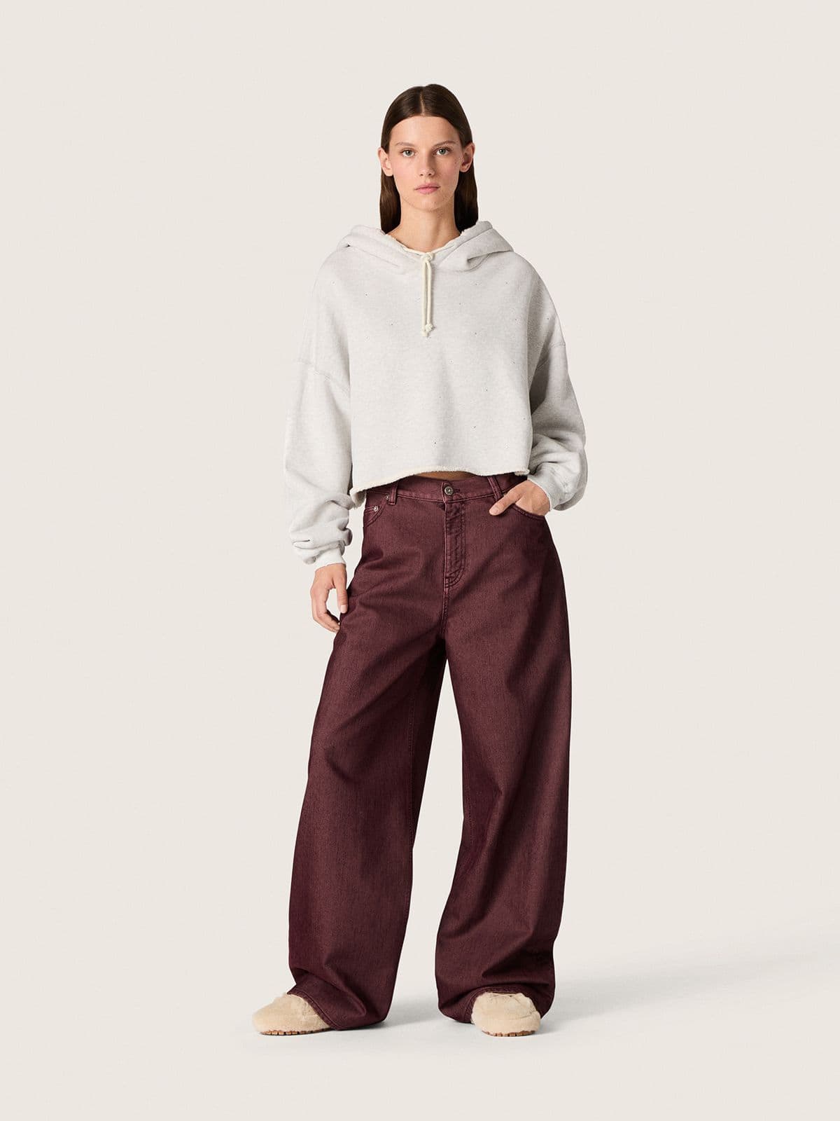 Golden Goose - Star women’s cropped hooded sweatshirt in gray melange cotton in 