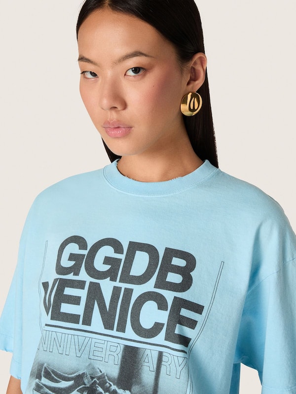 Golden Goose - Damen-Croppedshirt aus azurblauem Baumwolljersey mit grafischem Print in 