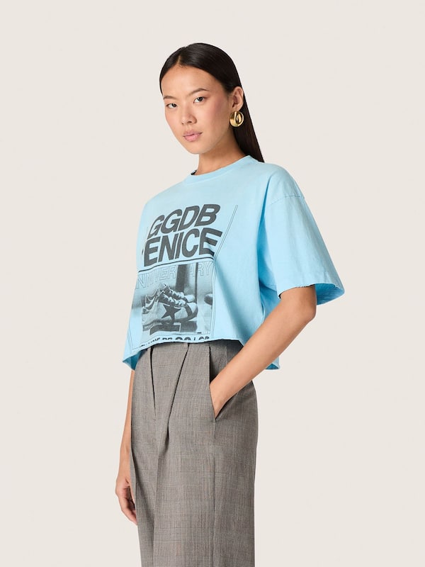 Golden Goose - Damen-Croppedshirt aus azurblauem Baumwolljersey mit grafischem Print in 