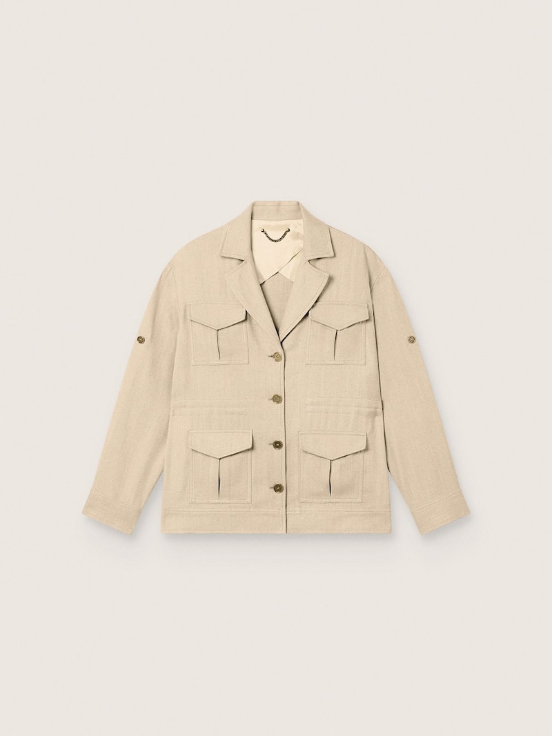 Beigefarbene Damen-Safarijacke aus Viskose mit Mikro-Fischgr&auml;tenmuster