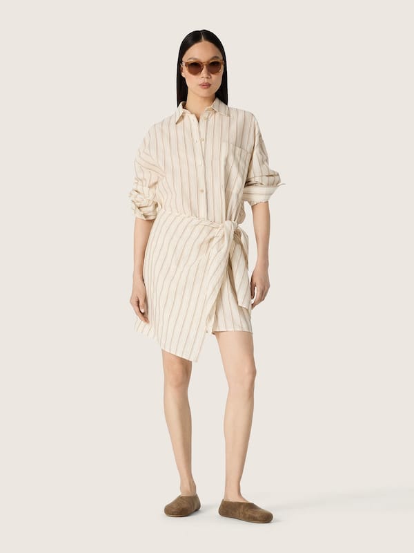 Women&rsquo;s ecru cotton shirt dress with beige and brown stripes
