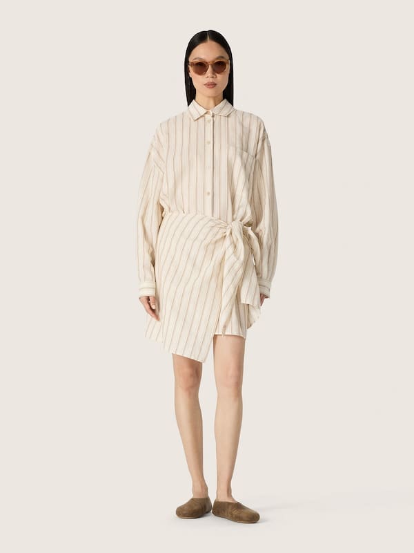 Golden Goose - Abito chemisier da donna in cotone &eacute;cru con righe beige e marroni in 