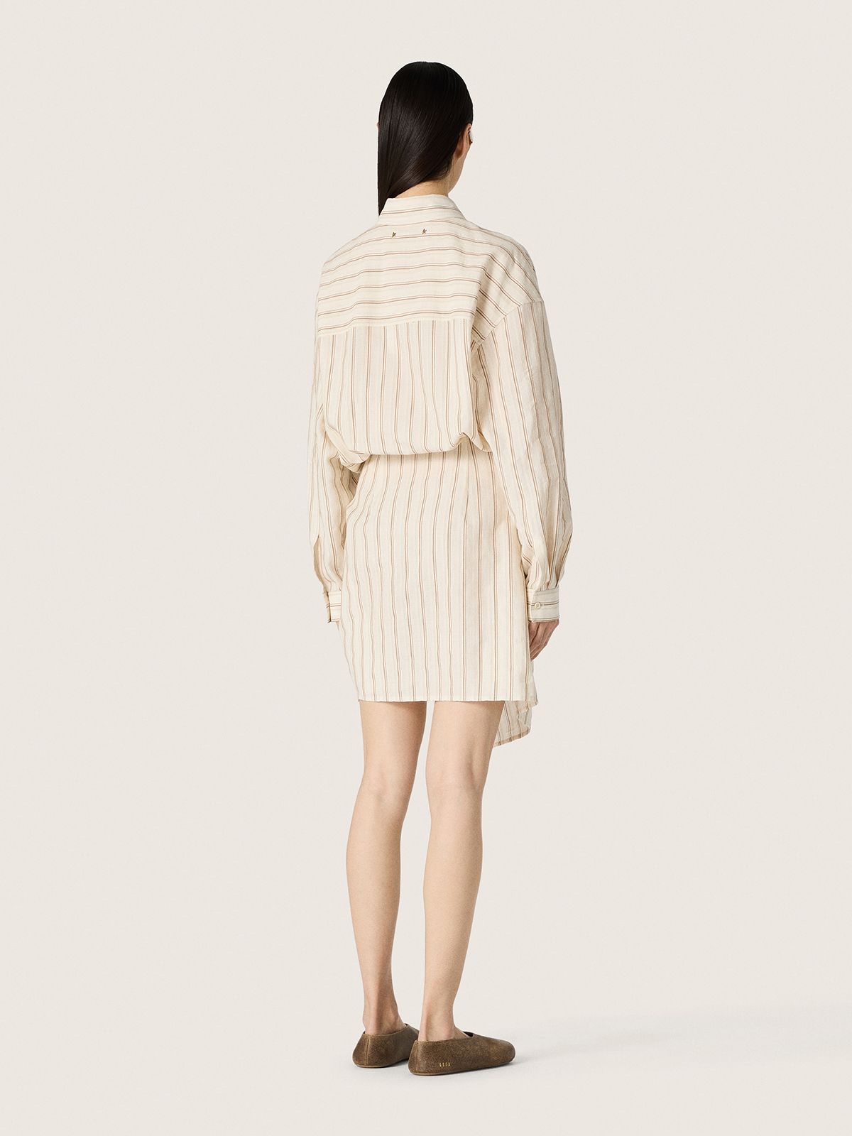Women's ecru cotton shirt dress with beige and brown stripes Women's ecru cotton shirt dress with beige and brown stripes