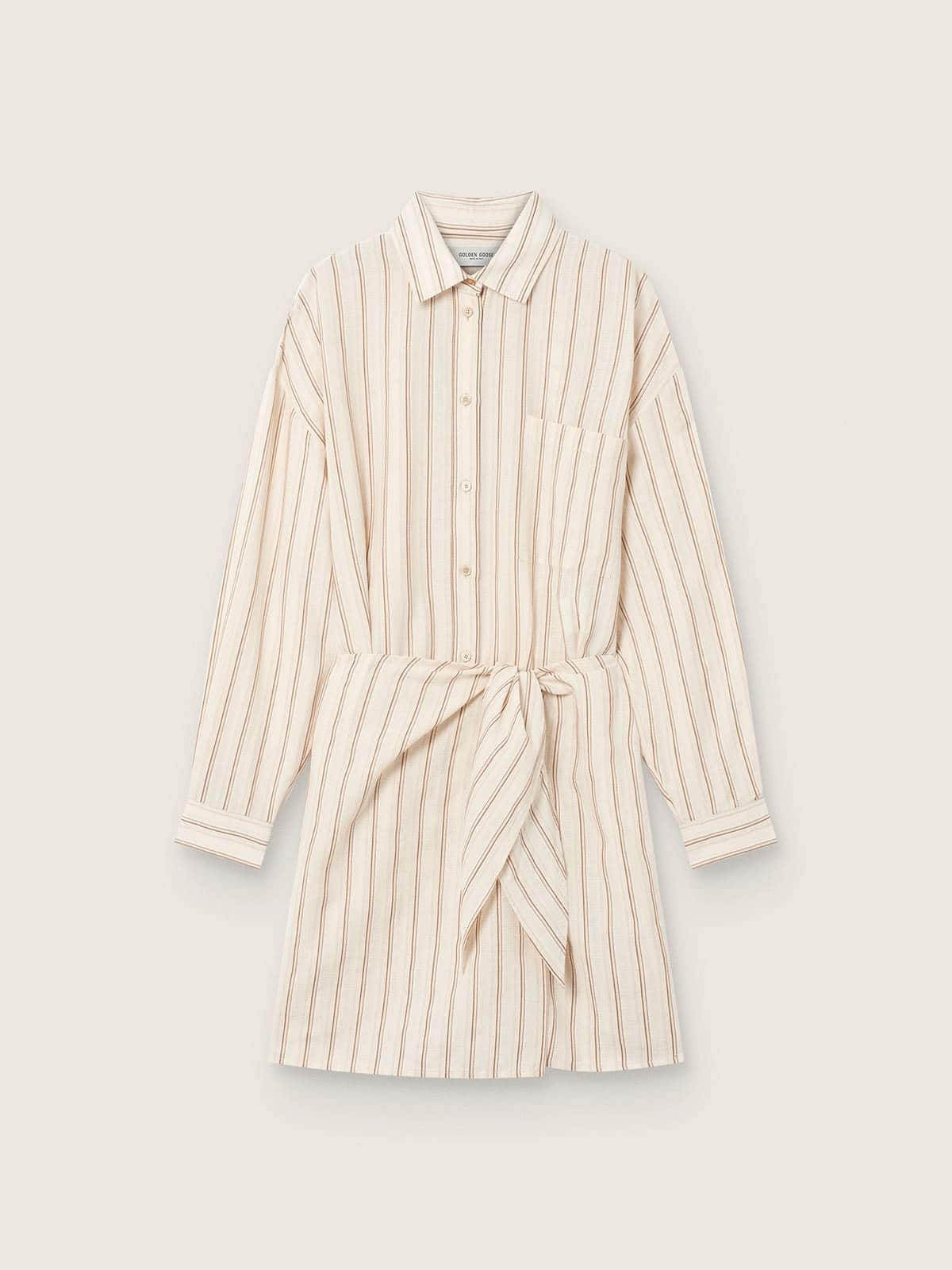 Golden Goose - Abito chemisier da donna in cotone &eacute;cru con righe beige e marroni in 