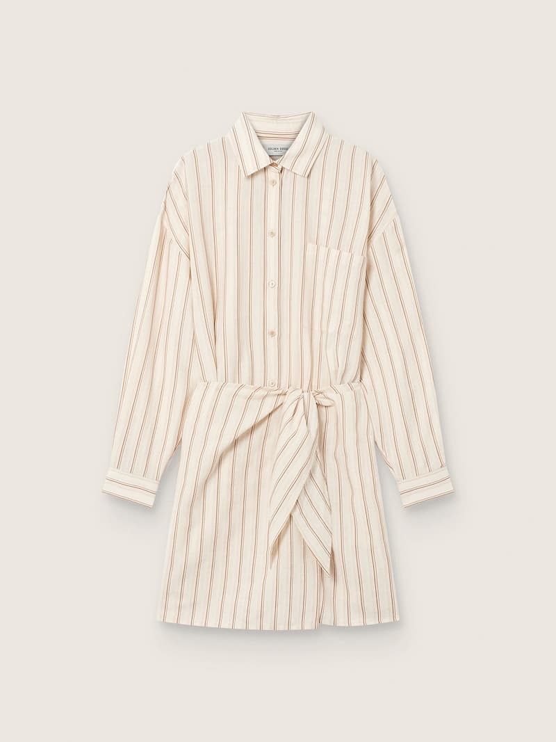 Vestido camisero de mujer de algod&oacute;n crudo con rayas beige y marrones