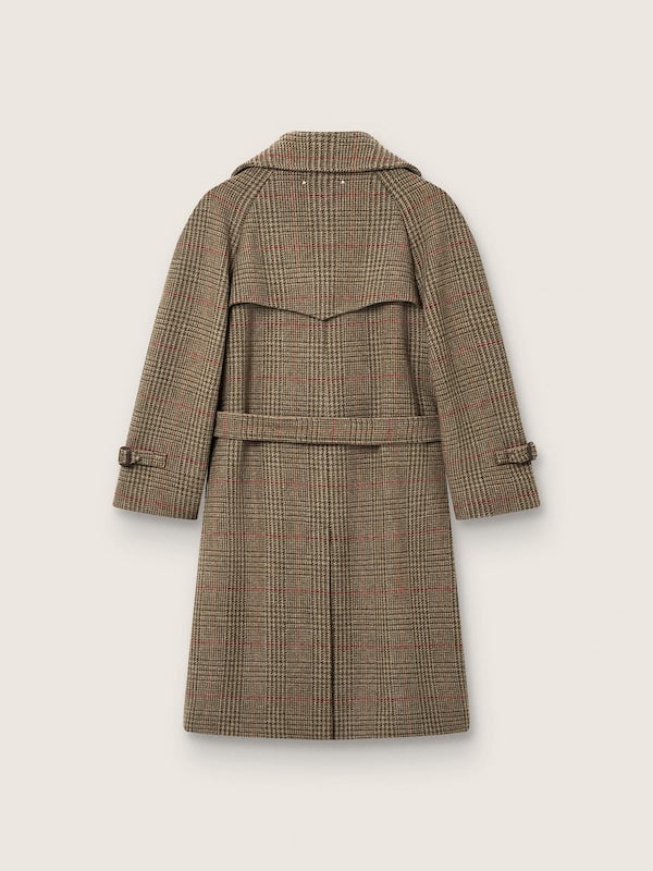 Manteau femme en laine prince de Galles verte avec carreaux rouges