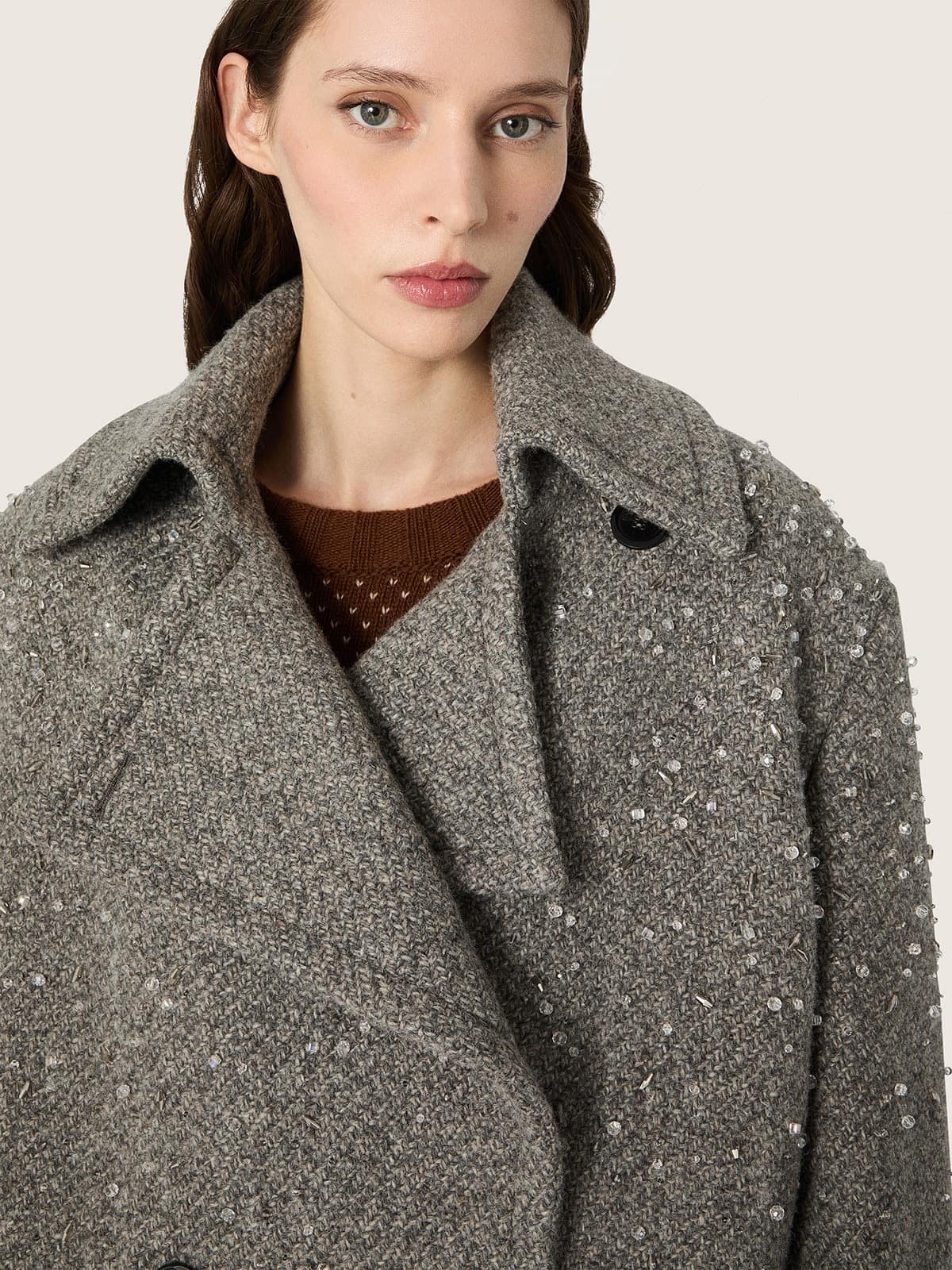 Golden Goose - Women's double-breasted jacket in gray melange wool with rhinestones in 