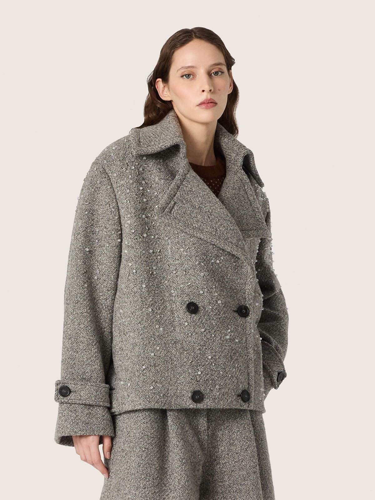 Golden Goose - Women's double-breasted jacket in gray melange wool with rhinestones in 