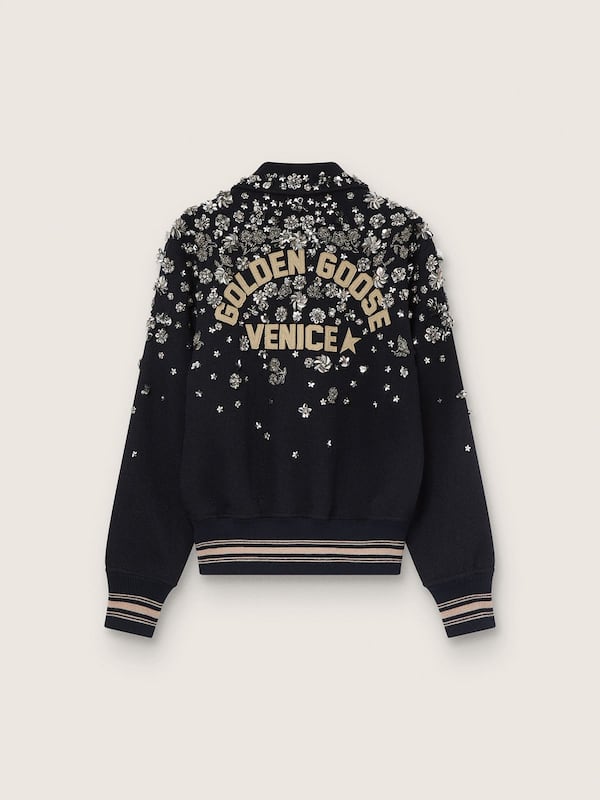 Bomber femme en laine bleu nuit avec broderie