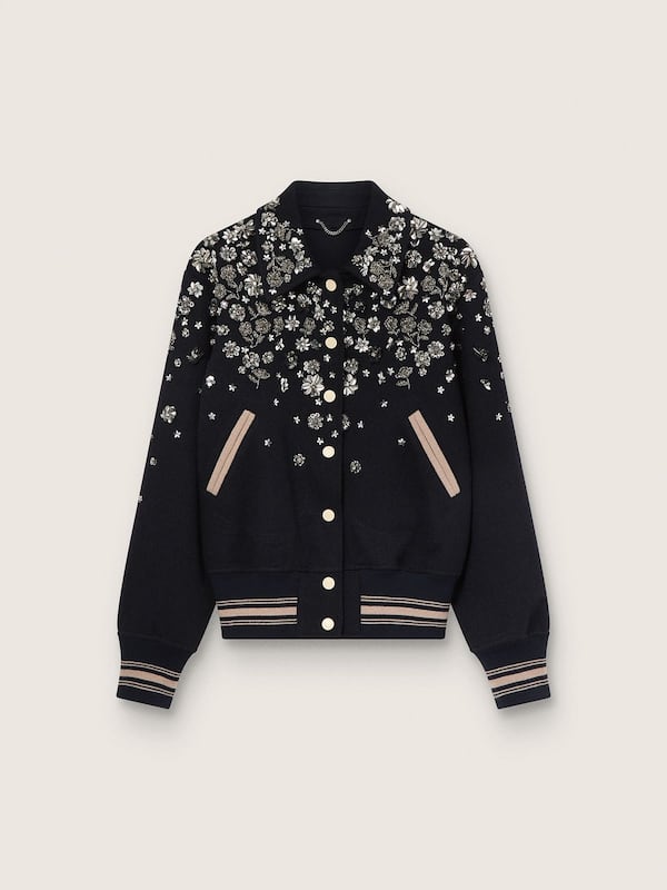 Bomber femme en laine bleu nuit avec broderie
