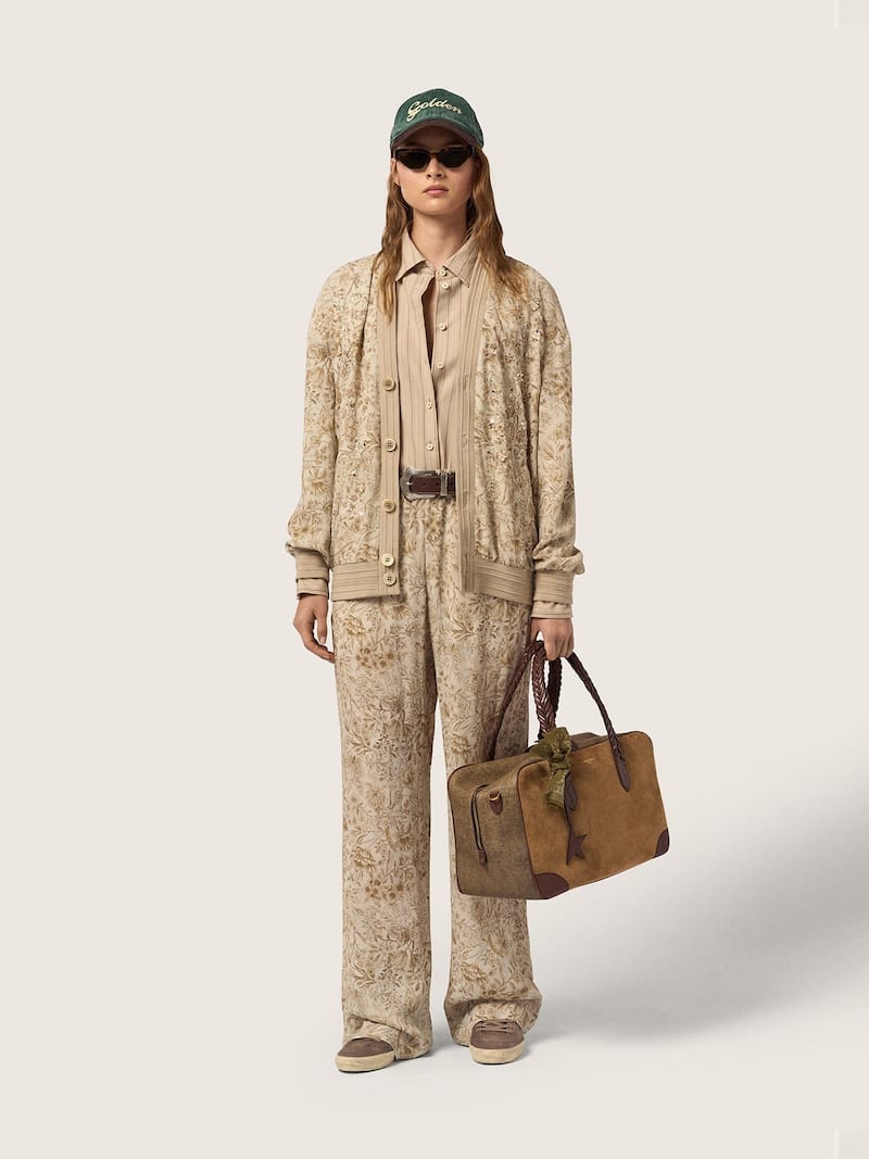 Golden Goose - Cardigan femme avec imprim&eacute; floral cr&egrave;me et beige et broderies florales en perles/cristaux in 