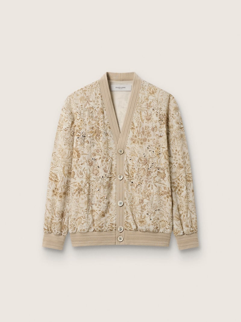 Golden Goose - Cardigan femme avec imprim&eacute; floral cr&egrave;me et beige et broderies florales en perles/cristaux in 