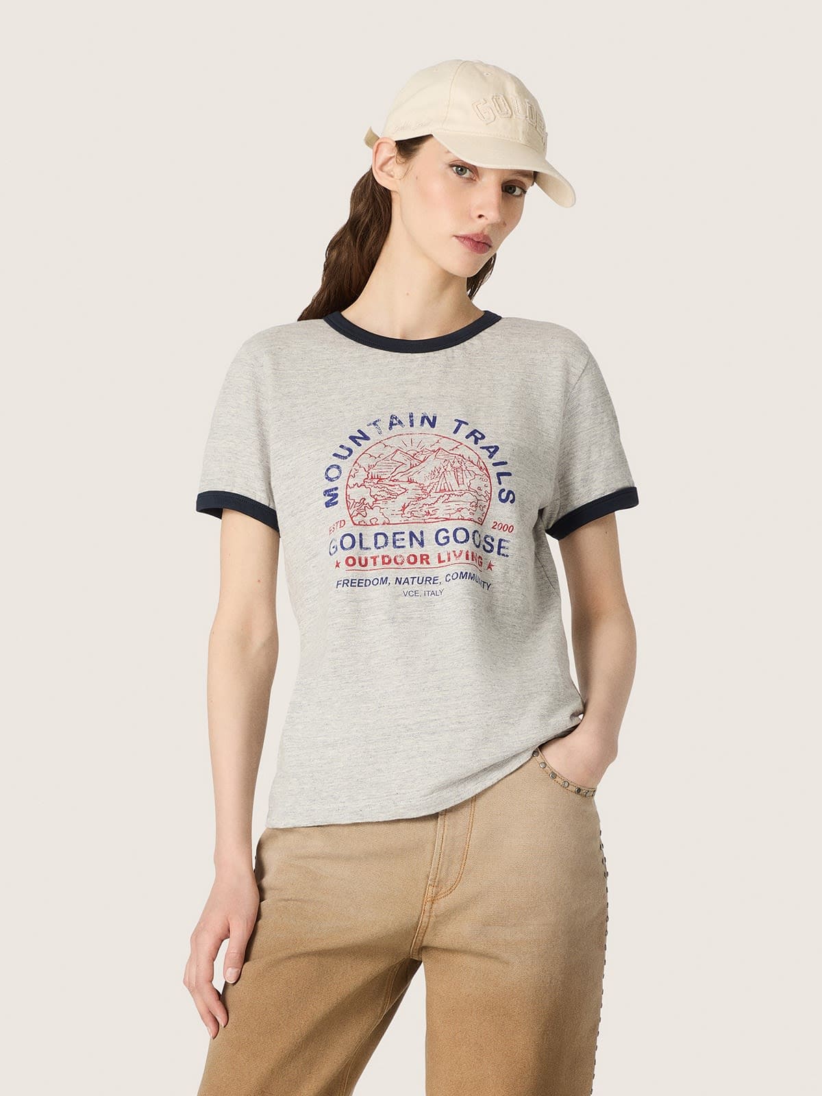 Golden Goose - Camiseta feminina de algod&atilde;o cinza mescla com estampa in 