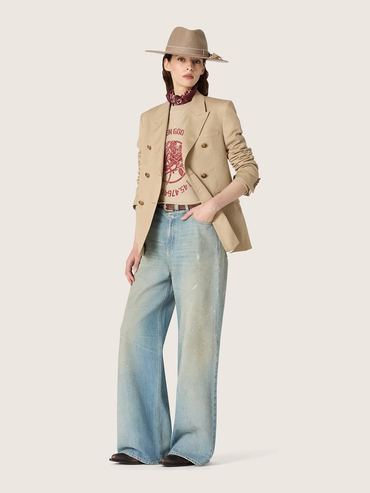 Sudadera cropped de mujer de algod&oacute;n beige con estampado