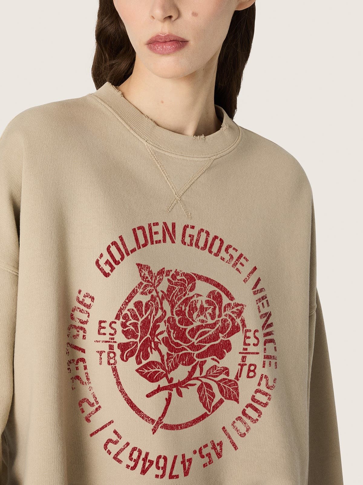 Golden Goose - Sudadera cropped de mujer de algod&oacute;n beige con estampado in 