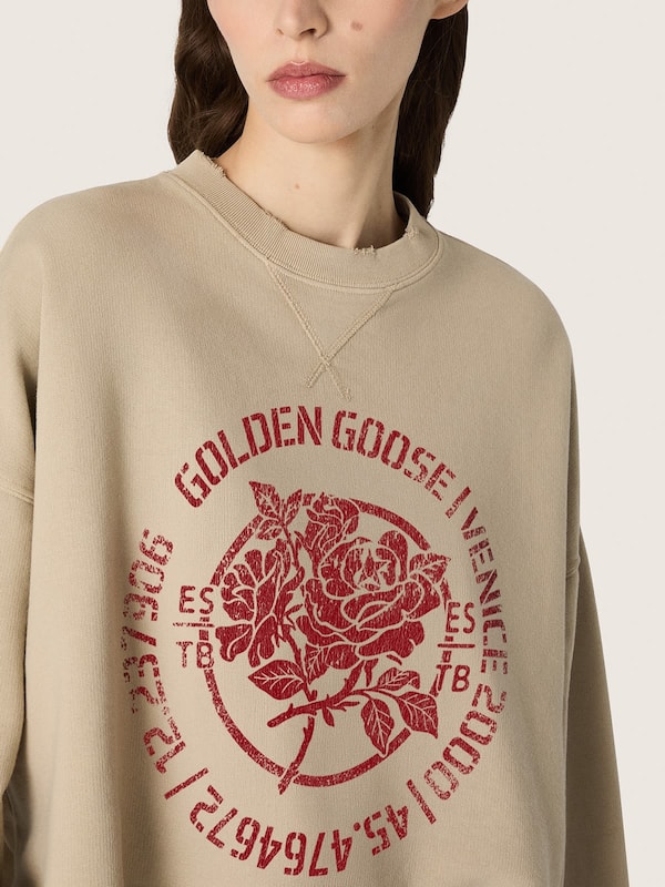 Golden Goose - Felpa cropped da donna in cotone beige con stampa in 