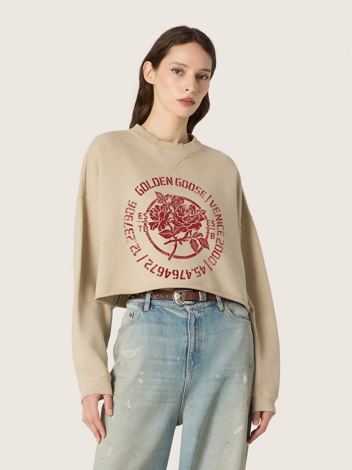 Golden Goose - Sudadera cropped de mujer de algod&oacute;n beige con estampado in 